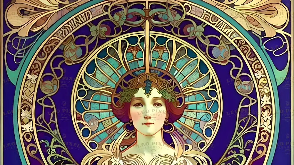 This image features a classic art nouveau portrait of a woman framed by intricate gold and teal designs. Her serene face is crowned with an elaborate headpiece resembling stained glass patterns. The deep purple background enhances the delicate gold filigree, floral motifs, and symmetrical arcs, creating a timeless and elegant visual harmony. Ai generated. Art nouveau style.