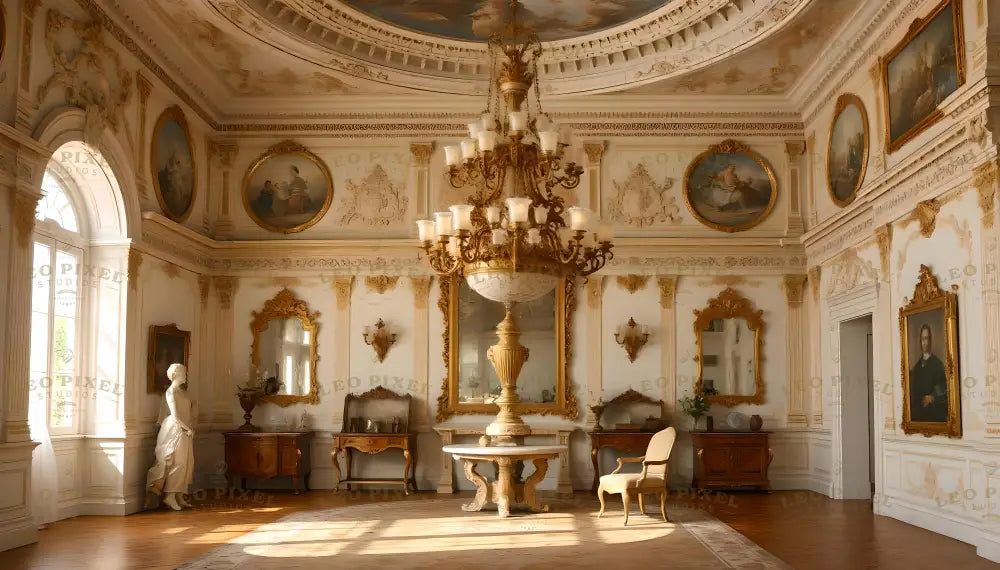 A lavish Rococo-style room with intricate gold embellishments on walls and furniture. A grand gilded chandelier dominates the ceiling, and a marble-topped table stands at the center. Ornate mirrors, classical paintings in gold frames, and a white marble statue add elegance. Large arched windows bring in natural light, illuminating the detailed craftsmanship. Ai generated. Photography style.