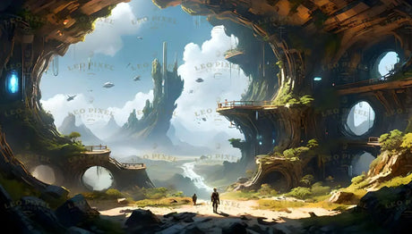 This digital art style image showcases enormous cavernous structures integrated with futuristic architecture. Lush greenery clings to the curving walls, which feature glowing blue lights and circular openings. Platforms and pathways jut out, overlooking a vast valley with distant mountains and a winding river. The bright sky is dotted with floating ships, creating a stunning blend of nature and advanced technology. Ai generated image.