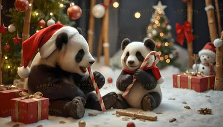 Pandas And Candy Canes Ai Generated Image