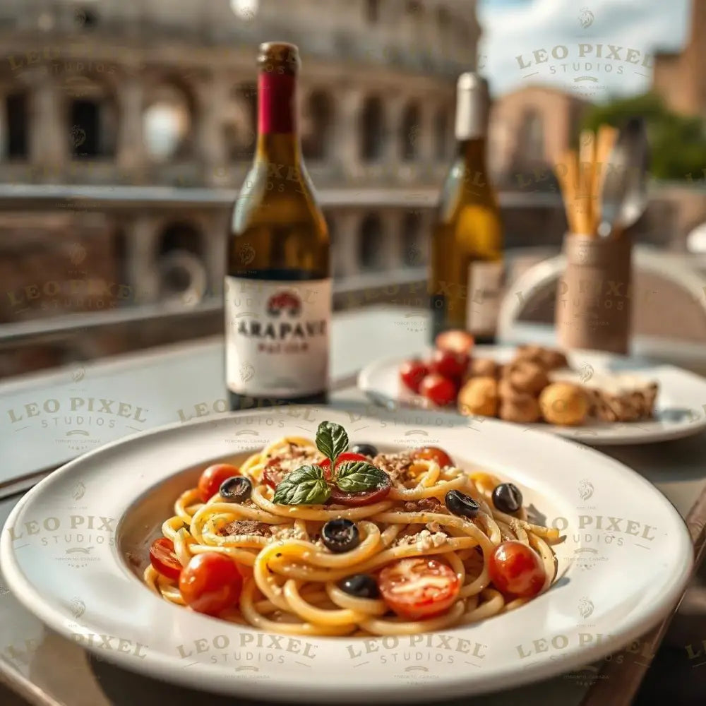 Pasta And Wine In Rome Ai Generated Image