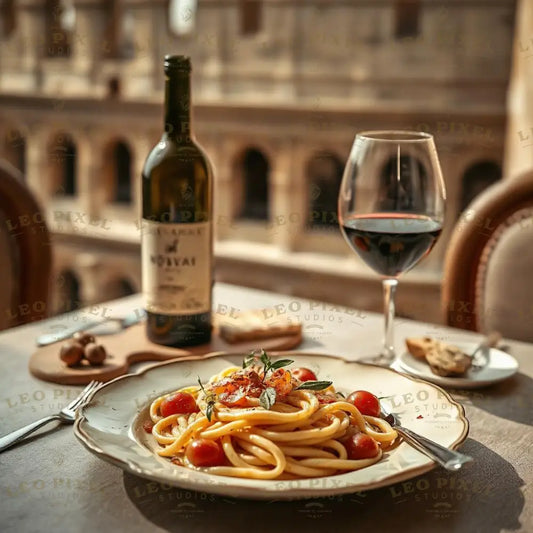 Pasta And Wine In Rome Ai Generated Image