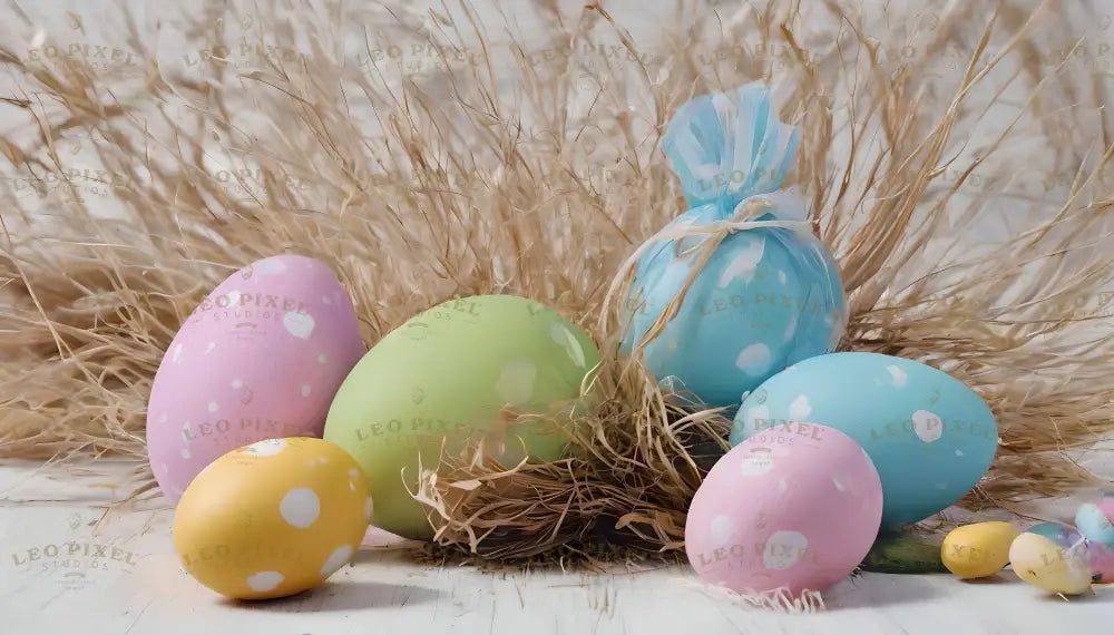 The image features pastel Easter eggs resting on soft straw. The eggs are painted in pink, blue, green, and yellow, each decorated with white dots. One blue egg is wrapped with a ribbon, adding a unique touch. The eggs are arranged among delicate straw pieces, with a light background highlighting their soft colors, creating a cheerful and festive Easter vibe. Ai generated. Photography style.