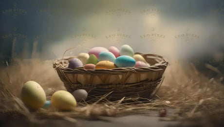 A woven basket filled with pastel-colored eggs, including pink, blue, green, and yellow, rests on a bed of straw. The foreground features scattered eggs, adding depth to the scene. The softly blurred background in neutral tones emphasizes the vibrant colors of the eggs and the intricate texture of the straw and basket. Ai generated. Photography style.