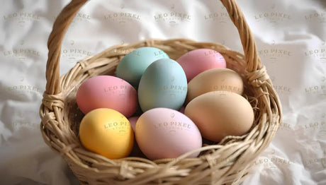 The image shows a wicker basket filled with smooth pastel-colored eggs. The eggs are painted in soft tones of pink, blue, yellow, and beige, creating a gentle and balanced color palette. They rest on a bed of straw-like material. The background features soft, white fabric that adds an airy and elegant touch, highlighting the simplicity and charm of the composition. Ai generated. Photography style.