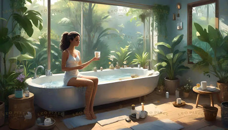 A serene bathroom featuring a freestanding white bathtub surrounded by lush green plants. A woman in a light slip sits on the edge of the tub, holding a cup. Large windows let in soft sunlight, illuminating the wooden floor adorned with candles, towels, and natural decor. The tranquil space combines earthy tones and greenery to create a calming, spa-like environment. Ai generated. Digital art style.