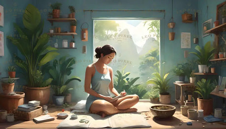 A serene room with teal walls and wooden shelves filled with potted plants and small items. At the center, a woman in a light blue dress sits cross-legged on the floor, focused on an open book. Sunlight streams through a large window, highlighting lush greenery outside. The room features more plants in ceramic pots, neatly placed books, and bowls, creating a calm and natural ambiance. Ai generated. Digital art style.