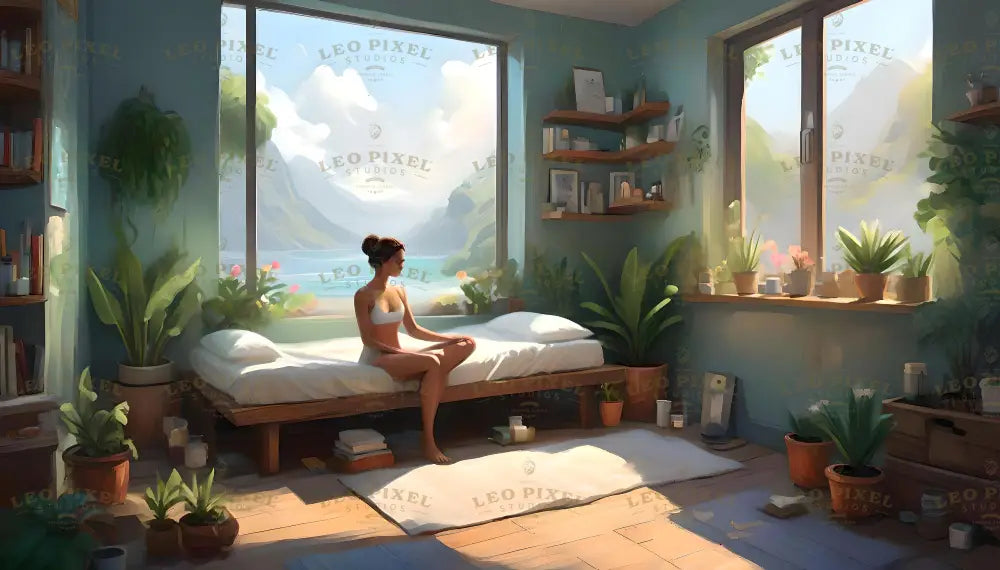 A serene room features large windows that open to a scenic lake and mountain view, filling the space with soft natural light. A woman sits on a simple wooden bed with white bedding, surrounded by potted plants on shelves, the floor, and the windowsill. Wooden accents, books, and personal items are neatly arranged, creating a calming, minimalist ambiance. Ai generated. Digital art style.