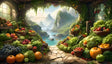 A vibrant produce garden featuring baskets of fresh fruits and vegetables like tomatoes, apples, grapes, and lettuce. Stone pathways lead to a breathtaking view of turquoise waters surrounded by lush green hills and distant mountains. Sunlight filters through arching greenery and windows, illuminating the colorful bounty and creating a serene, inviting atmosphere. Ai generated. Digital art style.