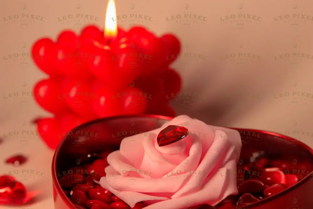 A heart-shaped red metal box filled with glossy red candy-coated hearts holds a soft pink artificial rose with a faceted red heart gem on its petals. Behind it, a glowing red bubble candle with heart-shaped details casts a warm light. Scattered red crystal hearts add texture. The soft lighting highlights the rich red and pink tones against a neutral background. Photography.