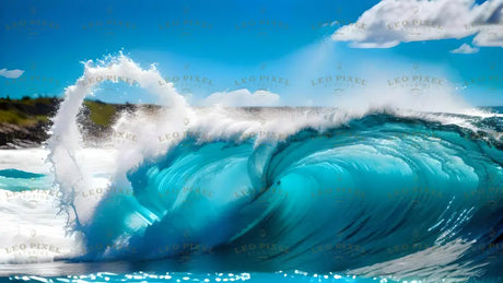 The image captures a massive turquoise wave curling as it crashes near the shore. The water is clear, with deep blue and light aqua tones. White foam sprays into the air, creating a misty effect. Sunlight reflects off the surface, highlighting ripples and movement. In the background, a bright blue sky with a few soft clouds contrasts with the powerful energy of the wave. Ai generated. Photography style.