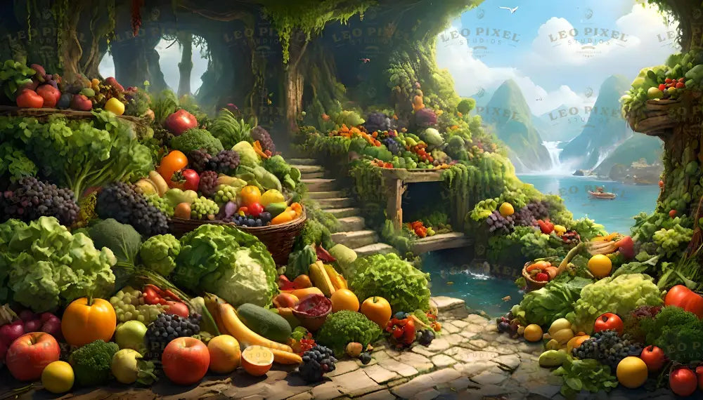 A lush garden overflowing with fresh produce, including apples, grapes, lettuce, and bananas, arranged in baskets and on wooden shelves. Stone steps wind through greenery, leading to a turquoise lake framed by mountains and a waterfall. Sunlight illuminates the vibrant fruits and vegetables, while dense foliage and a tree-covered arch create a serene, natural setting. Ai generated. Digital art style.