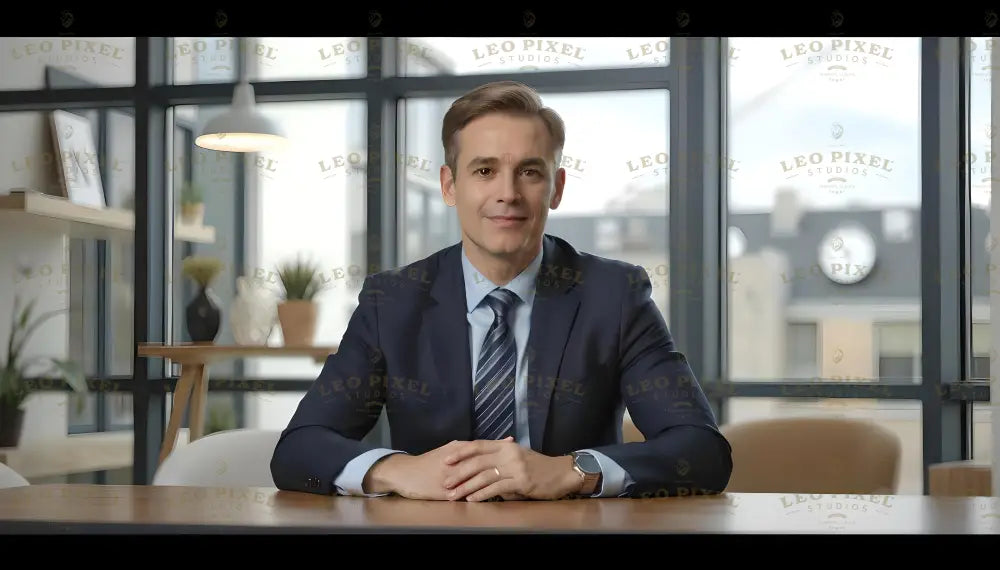 This isometric office scene captures a confident professional seated at a desk in a modern, sunlit office. Wearing a tailored suit and tie, he exudes approachability and competence. The sleek, glass-paneled windows reveal an urban backdrop, while subtle décor, including plants and minimalistic shelving, enhances the workspace's elegance, creating a perfect blend of professionalism and warmth. Ai generated image.