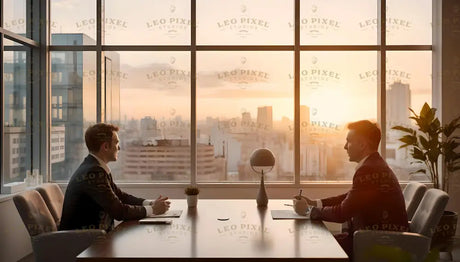 This image depicts two professionals engaged in a formal meeting across a sleek wooden table in a modern office. Floor-to-ceiling windows frame a stunning urban sunset, casting a warm glow over the room. A minimalist desk lamp and potted plants add balance to the contemporary design, creating a sophisticated and serene setting for productive conversation amidst the cityscape. Ai generated image.