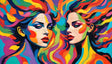 A mesmerizing psychedelic portrayal of twin figures, their faces adorned with an explosion of vivid colors blending seamlessly into their hair. This vibrant artwork captures the surreal harmony of symmetry, individuality, and unity, evoking a sense of dynamic energy and artistic expression in every hue and stroke. The bold, electric palette intensifies their piercing green gaze. Ai generated image.