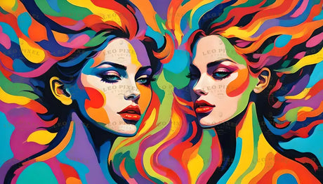 A mesmerizing psychedelic portrayal of twin figures, their faces adorned with an explosion of vivid colors blending seamlessly into their hair. This vibrant artwork captures the surreal harmony of symmetry, individuality, and unity, evoking a sense of dynamic energy and artistic expression in every hue and stroke. The bold, electric palette intensifies their piercing green gaze. Ai generated image.