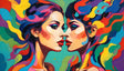 A mesmerizing psychedelic portrayal of twin figures, their faces adorned with an explosion of vivid colors blending seamlessly into their hair. This vibrant artwork captures the surreal harmony of symmetry, individuality, and unity, evoking a sense of dynamic energy and artistic expression in every hue and stroke. The bold, electric palette intensifies their piercing green gaze. Ai generated image.