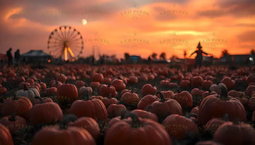 Pumpkin Field With Ferris Wheel And Sunset Bundle Ai Generated Image