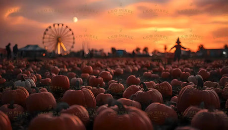 Pumpkin Field With Ferris Wheel And Sunset Bundle Ai Generated Image