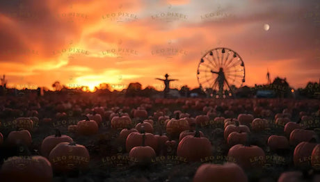 Pumpkin Field With Ferris Wheel And Sunset Bundle Ai Generated Image