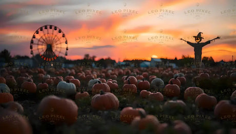 Pumpkin Field With Ferris Wheel And Sunset Bundle Ai Generated Image