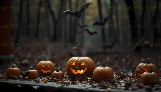 Pumpkins And Bats In A Forest Decor Bundle Ai Generated Image