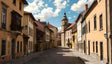 This image shows a narrow cobblestone street lined with pastel-colored buildings featuring shuttered windows and flower boxes. The street leads to a tall church with a bell tower, standing prominently against a bright blue sky dotted with fluffy white clouds. Shadows from the buildings stretch across the quiet, clean pathway, creating a serene atmosphere. Ai generated. Photography style.