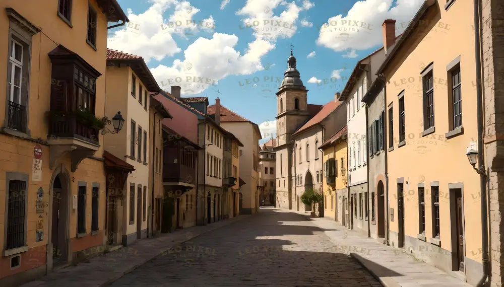 This image shows a narrow cobblestone street lined with pastel-colored buildings featuring shuttered windows and flower boxes. The street leads to a tall church with a bell tower, standing prominently against a bright blue sky dotted with fluffy white clouds. Shadows from the buildings stretch across the quiet, clean pathway, creating a serene atmosphere. Ai generated. Photography style.