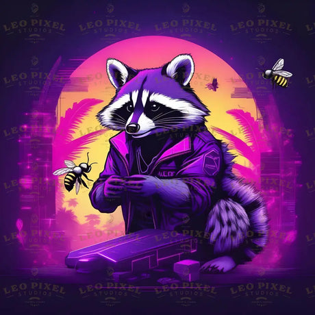 Racoon And A Bee Playing Bundle Ai Generated Image