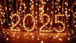 Golden "2025" numbers shine brilliantly, wrapped in sparkling fairy lights and surrounded by a cascade of warm bokeh. The backdrop of glowing ribbons and soft lights creates an elegant and celebratory atmosphere. This radiant display captures the essence of hope, warmth, and excitement, making it the perfect image to welcome the new year with style and joy. Ai generated image.