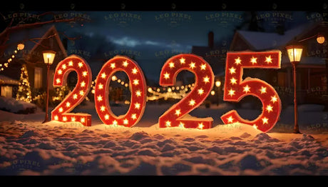 Bright red "2025" numbers, illuminated with star-shaped lights, shine warmly in the heart of a snow-covered village. Surrounded by glowing string lights, cozy homes, and softly lit lampposts, the scene exudes holiday charm and excitement. This vibrant display beautifully captures the spirit of celebration and anticipation for the new year. Ai generated image.