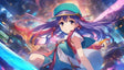 An anime-style illustration of a young girl with long, flowing purple hair standing against a vibrant futuristic cityscape. She wears a teal and white outfit with red accents and a matching hat. Her confident and cheerful expression complements the bright, colorful background filled with glowing lights and skyscrapers. The dynamic composition and vivid colors capture a sense of adventure and excitement. Ai generated. Anime.