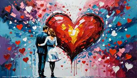 In this vivid artwork, a couple stands in a loving embrace, their backs turned to the viewer, bathed in the glow of an immense, textured heart at the center. Explosive strokes of pink, blue, and purple radiate outward, adorned with cascading red and white hearts. The scene symbolizes love's intensity, blending abstract dynamism with an intimate romantic moment in a dreamlike composition. Ai generated. Acrylic painting style.