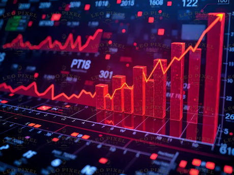 A bold interface featuring dynamic red bar charts and line graphs tracking data trends over time. The design highlights numerical values, dates, and metrics, emphasizing growth and fluctuations. The vivid red palette enhances focus on financial or performance indicators, offering critical insights for strategy development and data-driven decision-making. Ai generated image.