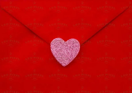 A vibrant red envelope fills the frame, sealed with a pink glittery heart. The heart-shaped decoration sparkles against the smooth surface, creating a contrast in texture. The envelope's clean lines and sharp edges add a structured look. The lighting is even, highlighting the rich colors. The close-up shot captures fine details, focusing on the textures of the glitter and paper. Photography.