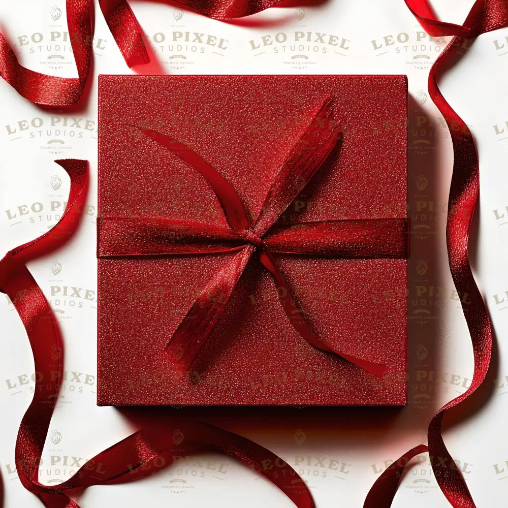 A red gift box view from the top. Standing on a white surface. It is wrapped with a red ribbon. Other red ribbons are spread on the white surface serving as decoration.