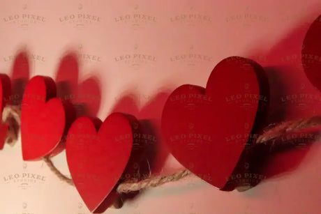 A close-up shot of a string of red wooden hearts attached to a rustic twine rope, casting soft shadows on a pale pink wall. The hearts are arranged in a row, with some appearing slightly out of focus. Warm lighting enhances the deep red tones, creating a cozy and romantic visual effect. The texture of the rope contrasts with the smooth, glossy surface of the hearts. Photography.