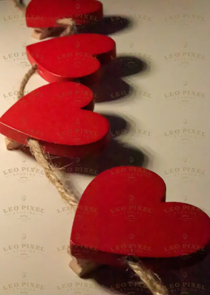 A close-up shot of a string of red wooden hearts attached to a rustic twine rope, casting soft shadows on a white wall. The hearts are arranged in a row, with some appearing slightly out of focus. Warm lighting enhances the deep red tones, creating a cozy and romantic visual effect. The texture of the rope contrasts with the smooth, glossy surface of the hearts. Photography.