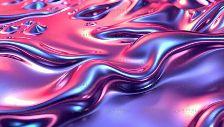 Digital image featuring a smooth, reflective surface with flowing curves in shades of pink, purple, and blue. The liquid-like texture has a metallic sheen, creating highlights and depth. Small droplets appear on the surface, enhancing the fluid effect. The rippling waves form an organic, abstract pattern, with light reflections adding dimension and vibrancy to the composition. Ai generated. Photography style.