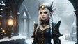 A majestic elf queen stands in a snow-laden gothic realm, exuding elegance and power. Her braided silver hair is crowned with an intricate tiara of antler-like designs, while her armored gown boasts ornate gold accents. Lit lanterns cast a warm glow against the icy backdrop of arches and distant spires, creating an ethereal balance of light and shadow in this enchanting winter setting. Ai generated image.