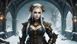 In a snow-covered gothic sanctuary, a regal elven queen commands attention. Her silver hair is braided and crowned with an intricate, spiked diadem. Dressed in elaborate armor adorned with golden gears and sigils, she emanates authority and mystique. The arched stone backdrop and frosty setting enhance her commanding presence in this ethereal, wintry realm. Ai generated image.