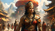 A powerful woman adorned in ornate gold armor with intricate details, wearing a vibrant headpiece and jewelry featuring turquoise stones. Her confident expression contrasts with the lively background of a bustling marketplace filled with people, red lanterns, traditional architecture, and towering mountains under a bright blue sky. Ai generated. Digital art style.