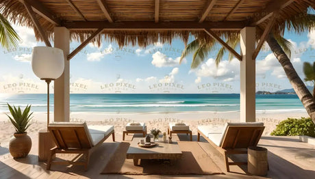 This photography-style image features a serene beachfront lounge under a thatched-roof cabana. Two wooden sun loungers with white cushions face a calm turquoise sea, separated by a low wooden table with vases and decorative items. A floor lamp and potted plant add elegance, while palm trees frame the view. The sandy beach, gentle waves, clear blue sky, and soft sunlight create a tranquil, luxurious atmosphere. Ai generated image.