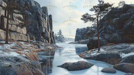 A tranquil winter landscape with a frozen river winding between tall, rugged cliffs. Snow lightly dusts the rocks and ground, while patches of dry grass add texture. Pine trees dot the scene, their sparse branches contrasting against the muted tones of the stone. The pale blue sky, scattered with soft clouds, reflects faintly in the icy surface, enhancing the serene atmosphere. Ai generated. Photography style.