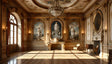 This Rococo-style room is adorned with opulent gold detailing, pastel walls, and grand arched paintings featuring serene figures and landscapes. A magnificent chandelier anchors the ceiling, which is embellished with delicate frescoes. Ornate wall sconces cast a warm glow, highlighting intricate moldings and the polished parquet floor. Velvet drapes frame tall windows, inviting soft daylight. Ai generated. Photography style.