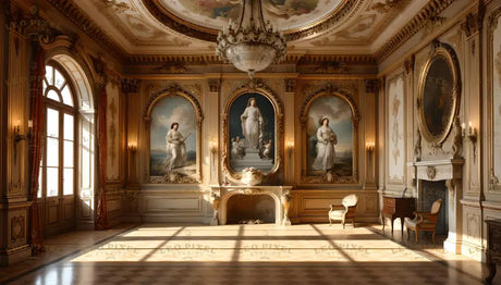 This Rococo-style room is adorned with opulent gold detailing, pastel walls, and grand arched paintings featuring serene figures and landscapes. A magnificent chandelier anchors the ceiling, which is embellished with delicate frescoes. Ornate wall sconces cast a warm glow, highlighting intricate moldings and the polished parquet floor. Velvet drapes frame tall windows, inviting soft daylight. Ai generated. Photography style.