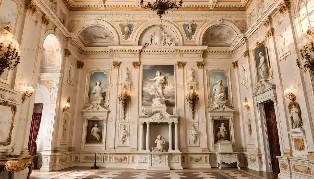 This opulent Rococo-style hall showcases intricate details with pastel hues, ornate gold accents, and grand arched niches. Marble statues of mythological figures, framed by delicate columns and floral motifs, grace the walls. A centerpiece statue stands beneath a painted dome ceiling featuring soft clouds and cherubs. Warm light from wall sconces and a central chandelier illuminates the polished checkered floor. Ai generated. Photography style.