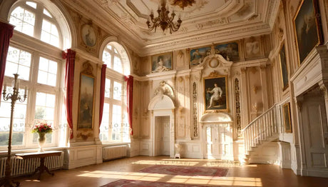 A luminous Rococo gallery showcases grand arched windows framed by red drapes, flooding the room with sunlight. Delicate gold details embellish cream walls adorned with portraits and reliefs. Ornate chandeliers hang from an intricately decorated ceiling. A curved staircase complements the refined interior, while a vase of vibrant flowers atop a classic table adds a graceful touch. Ai generated. Photography style.