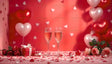 This image showcases a heartwarming Valentine's scene with a vibrant red and pink backdrop adorned with scattered heart-shaped accents. Elegant champagne glasses, surrounded by delicate rose bouquets, sit atop a table sprinkled with petals. Heart balloons add dimension and charm, complementing a beautifully wrapped gift box with a white ribbon, creating a perfect romantic ambiance. Ai generated.