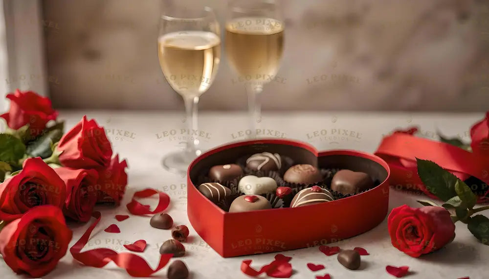 A heart-shaped box filled with assorted chocolates sits on a white table, surrounded by scattered red rose petals, ribbon, and fresh red roses. Two elegant wine glasses filled with golden champagne stand in the background, adding a luxurious touch. The soft, warm lighting highlights the rich reds and subtle details, creating a perfect romantic setting for Valentine’s Day or intimate celebrations. Ai generated image. Photography style.